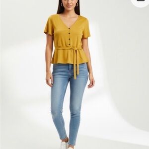Lavish Yellow Buttoned Peplum Blouse